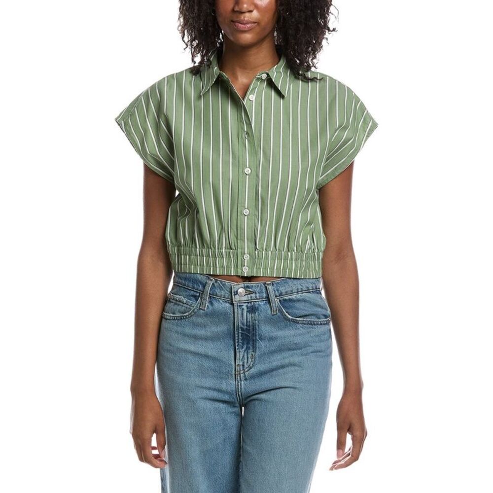 Current/Elliott Womens  Extended Shoulder Cap Sleeve Cropped Blouse, Green